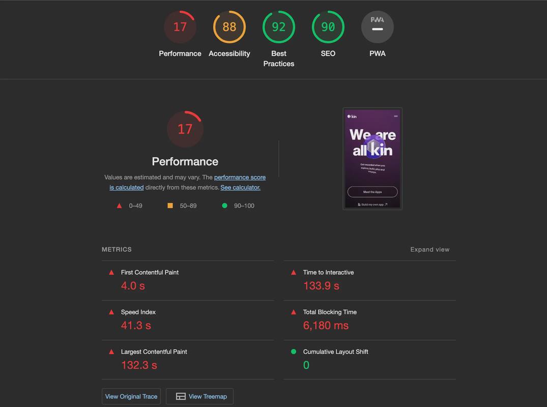 Screenshot of the performance metrics of kin.org