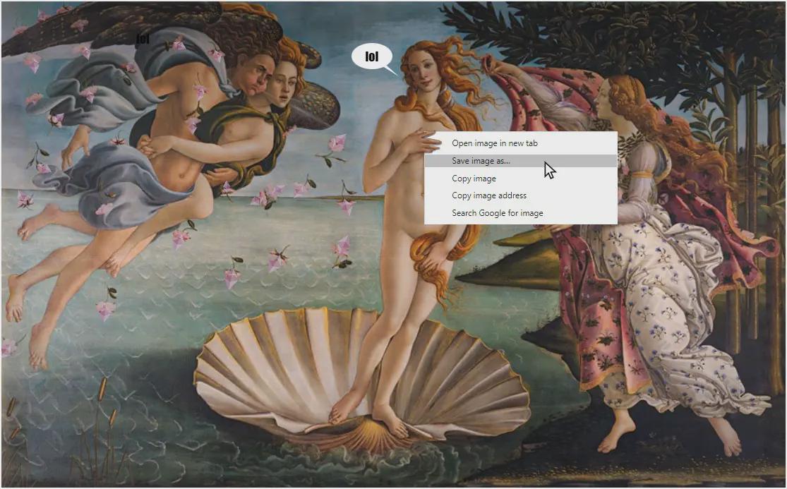 Image of Birth of Venus by Sandro Botticelli, with a mouse cursor and context menu option, labeled Save image as…