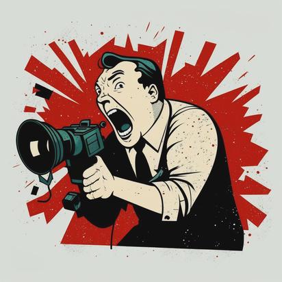 Image of a man screaming at a camera.
