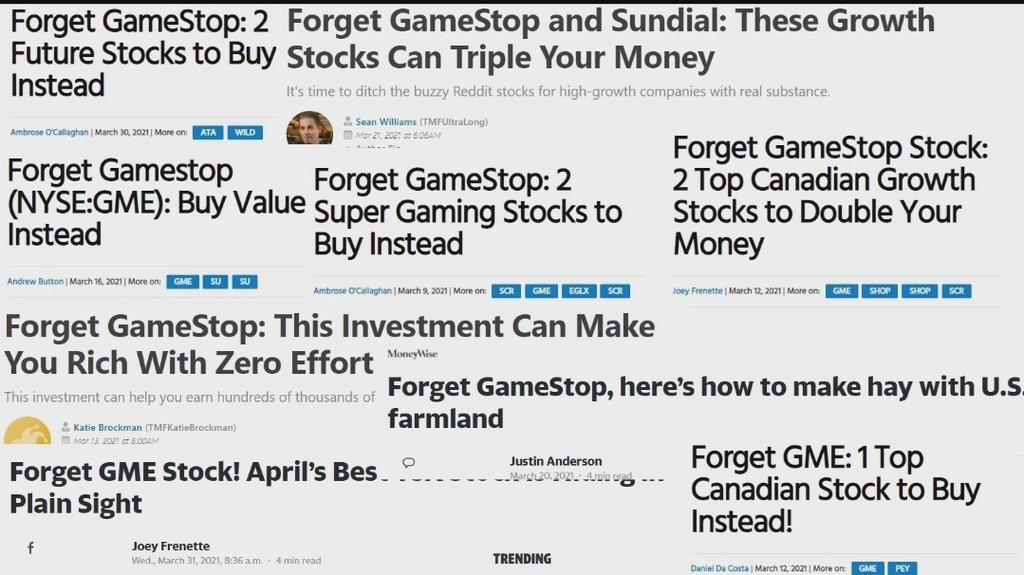 Screenshot of many articles starting with the title Forget GameStop.