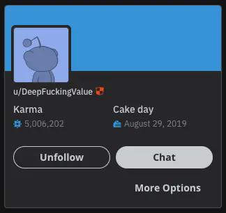 Screenshot of the Reddit profile of u/DeepFuckingValue