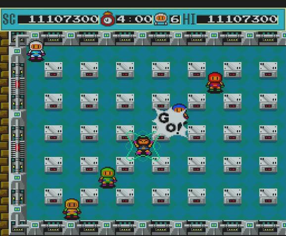 Screenshot of a multiplayer Bomberman level. 