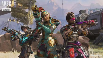 Three Apex Legends heroes aiming their weapons. 