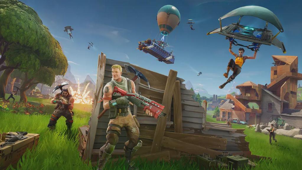 Press kit image of Fortnite showing players gliding, fighting, and posing on a battlefield. 