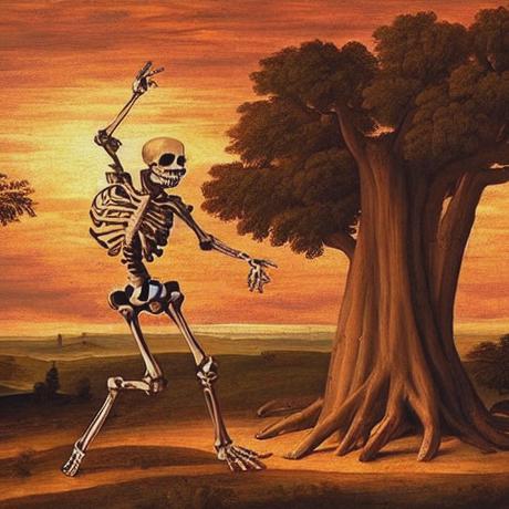 Renaissance painting of two skeletons dancing, with a large, dead tree with sprawling dead branches and an orange sunset with a beautiful glow in the background, digital painting, highly realistic, beautiful, stunning, gorgeous, very detailed.
